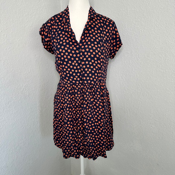 Navy Blue and Orange Polka Dot Shirt Dress Cute Casual Women's Dress - Picture 1 of 7